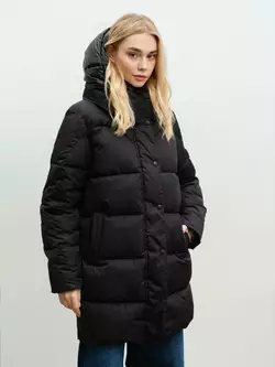 Подовжена зимова куртка чорного кольору зі штучним пухом р. XS Подовжена зимова куртка чорного кольору зі штучним пухом р. XS